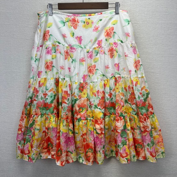 VTG 90s CHAPS Women's Size 12 Tiered Midi Lined Skirt White Floral Print Cotton - Picture 8 of 8